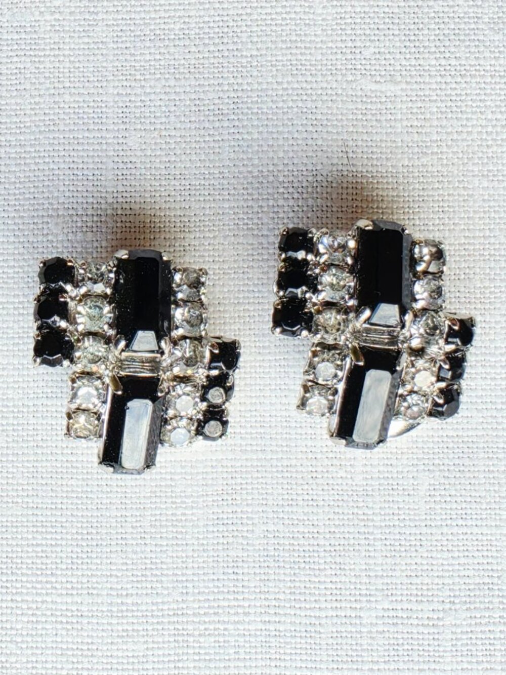 Black Crystal Cluster Stud Earrings with Clear Accents